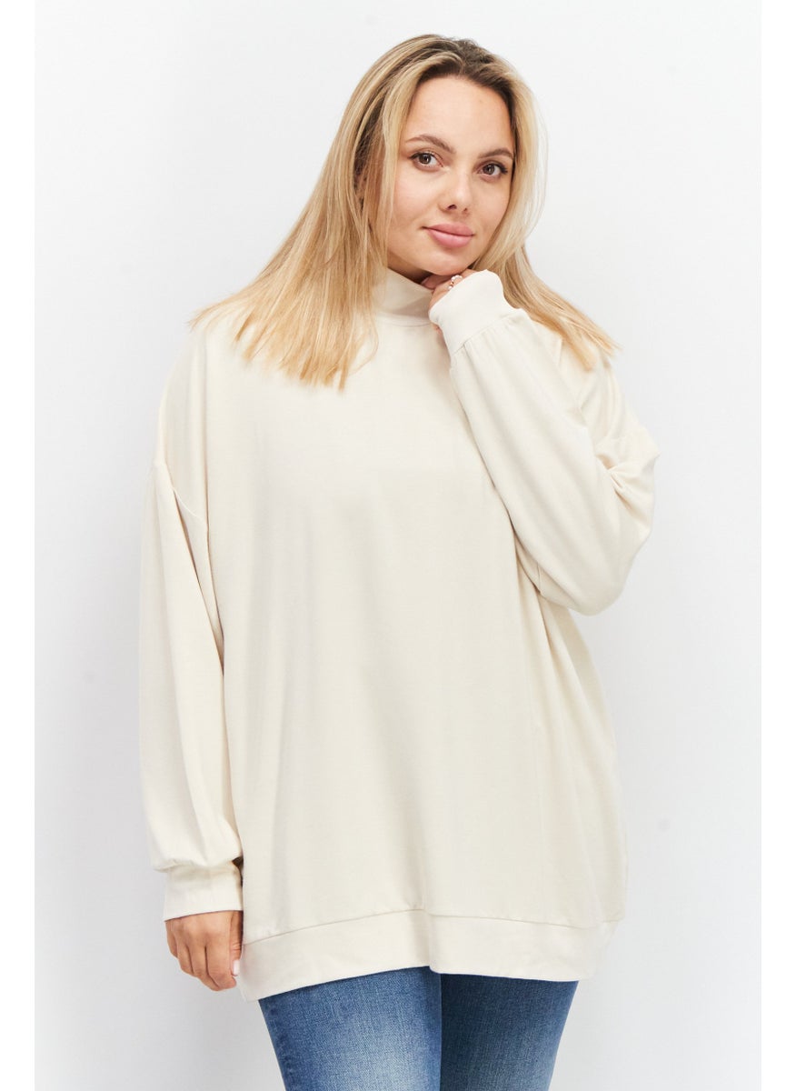 Women Mock Neck Solid Sweatshirt, Oatmeal
