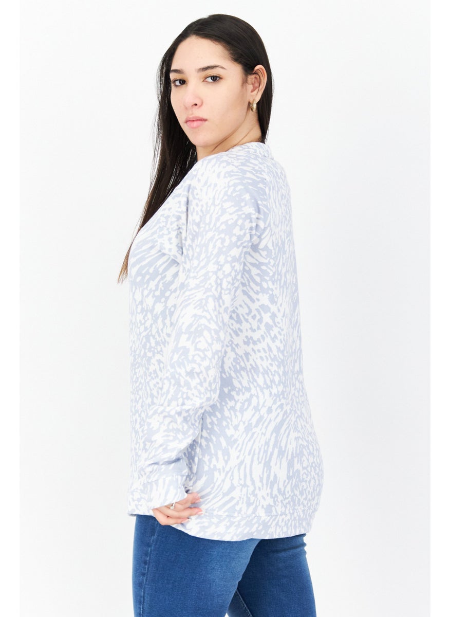 Women Crew Neck Long Sleeve Animal Print Sweatshirt, Blue