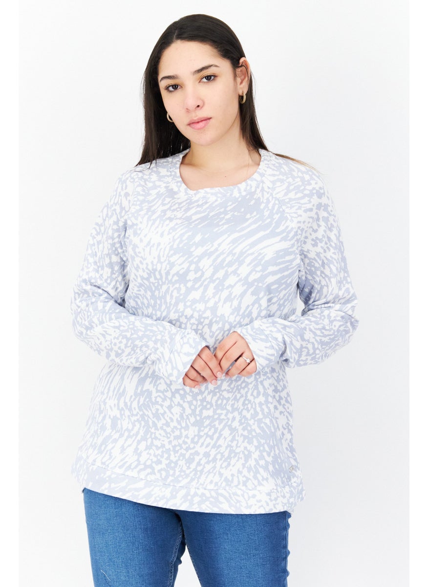 Women Crew Neck Long Sleeve Animal Print Sweatshirt, Blue