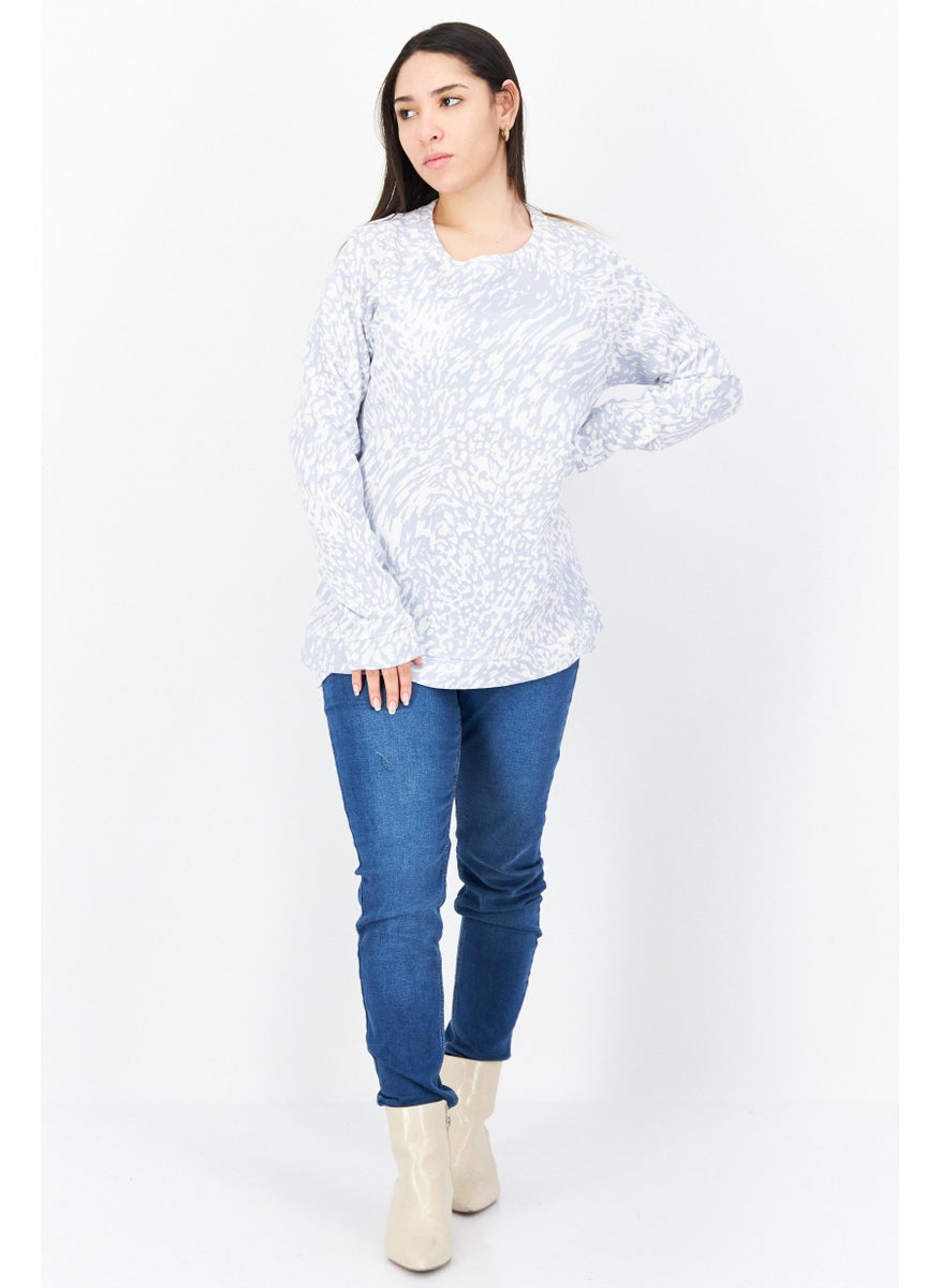 Women Crew Neck Long Sleeve Animal Print Sweatshirt, Blue