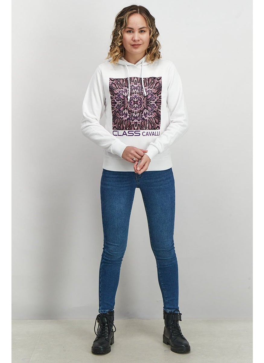 Women Hooded Drawstring Textured Long Sleeve Sweatshirt, White