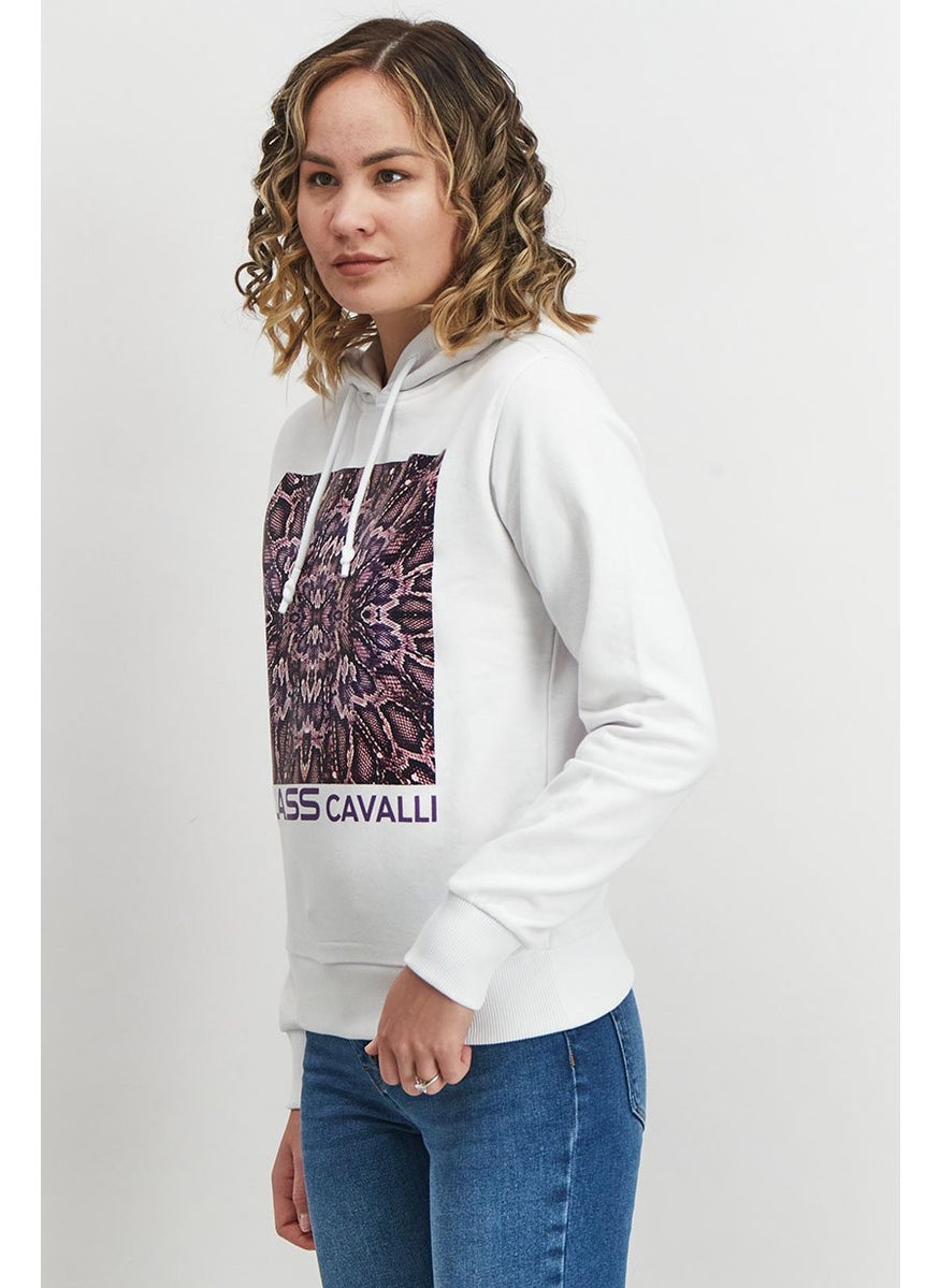 Women Hooded Drawstring Textured Long Sleeve Sweatshirt, White