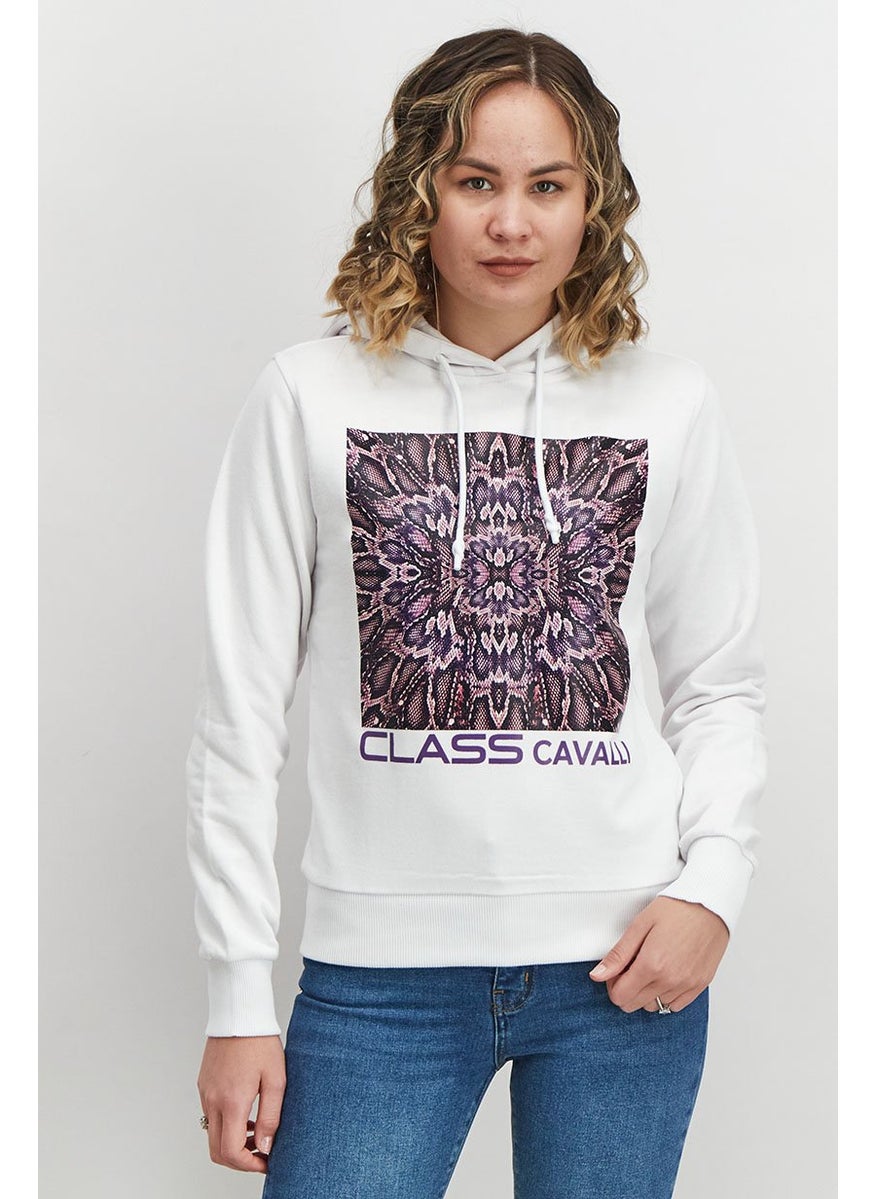 Women Hooded Drawstring Textured Long Sleeve Sweatshirt, White