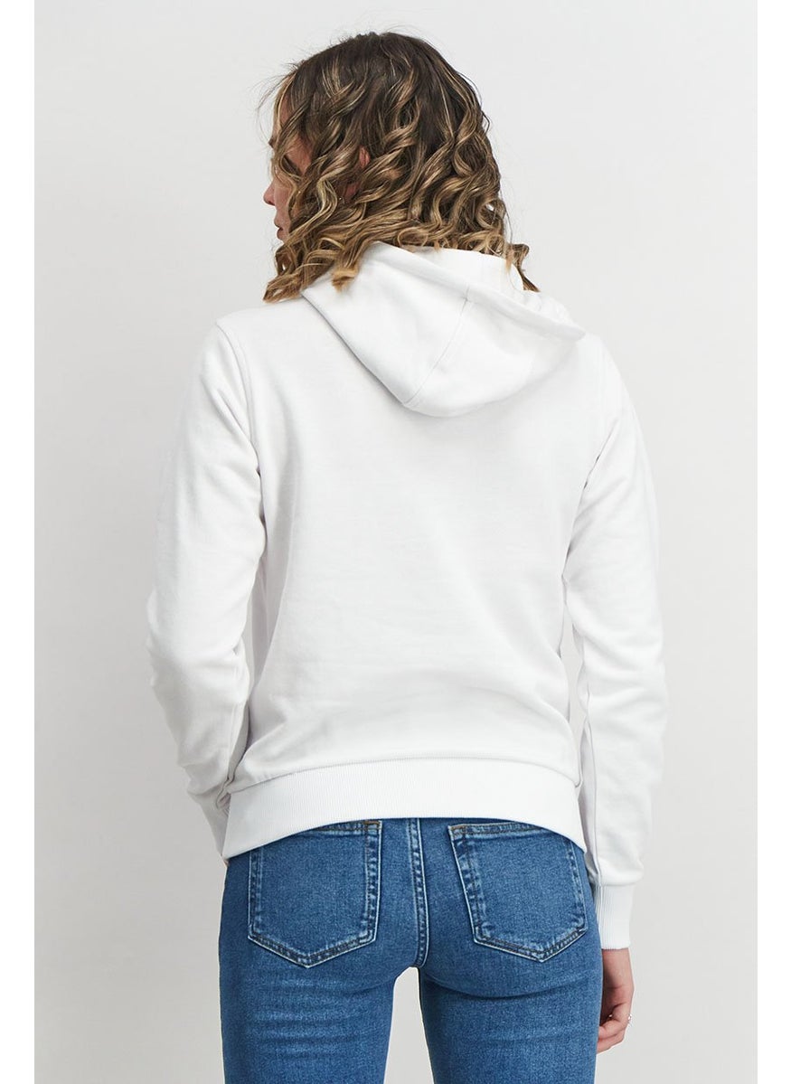 Women Hooded Drawstring Textured Long Sleeve Sweatshirt, White