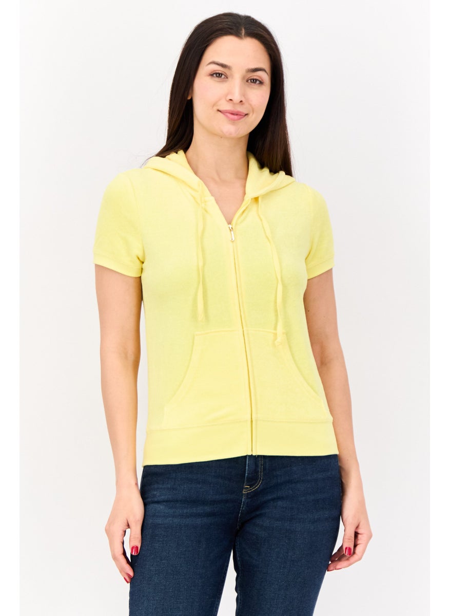 Women Velour Zip Up Short Sleeve Hoodie, Yellow