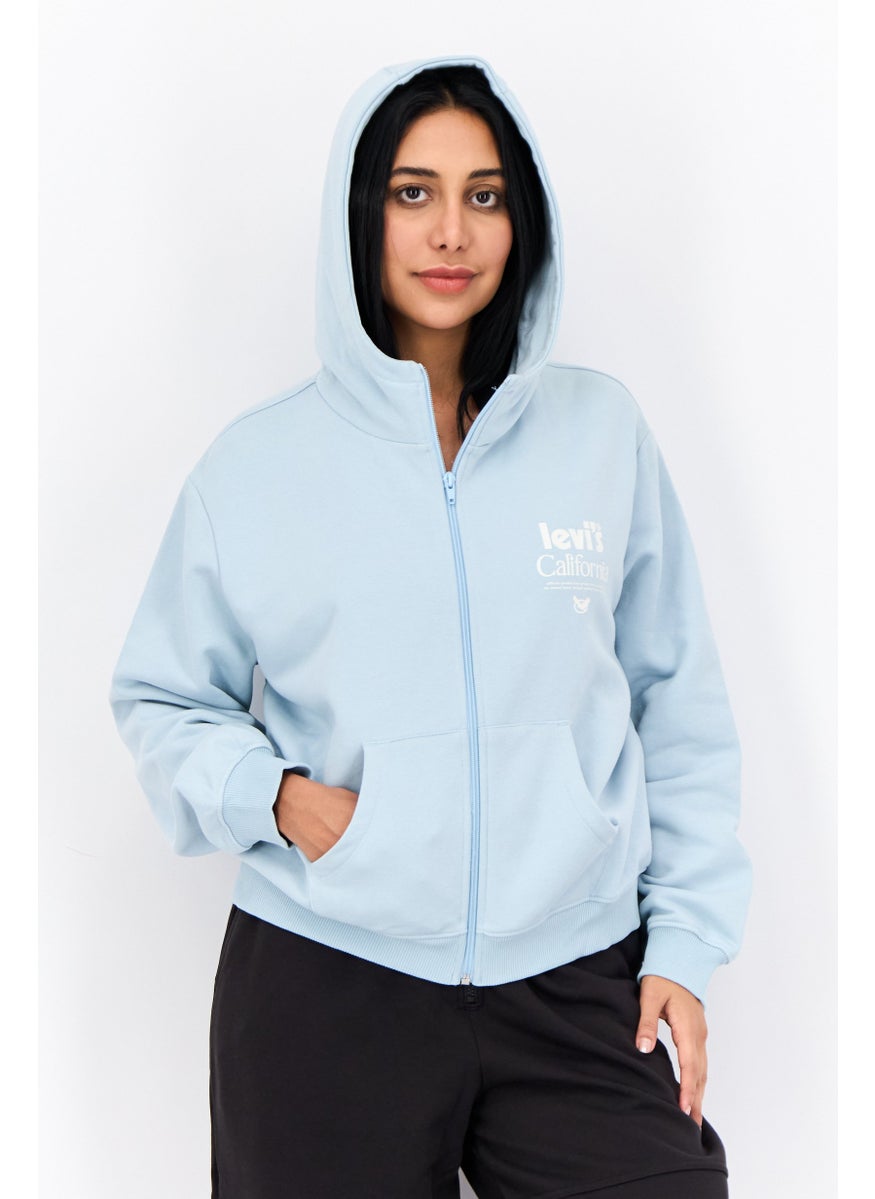 Women Hood With Drawstring Long Sleeve Brand Logo Sweatshirts, Light Blue