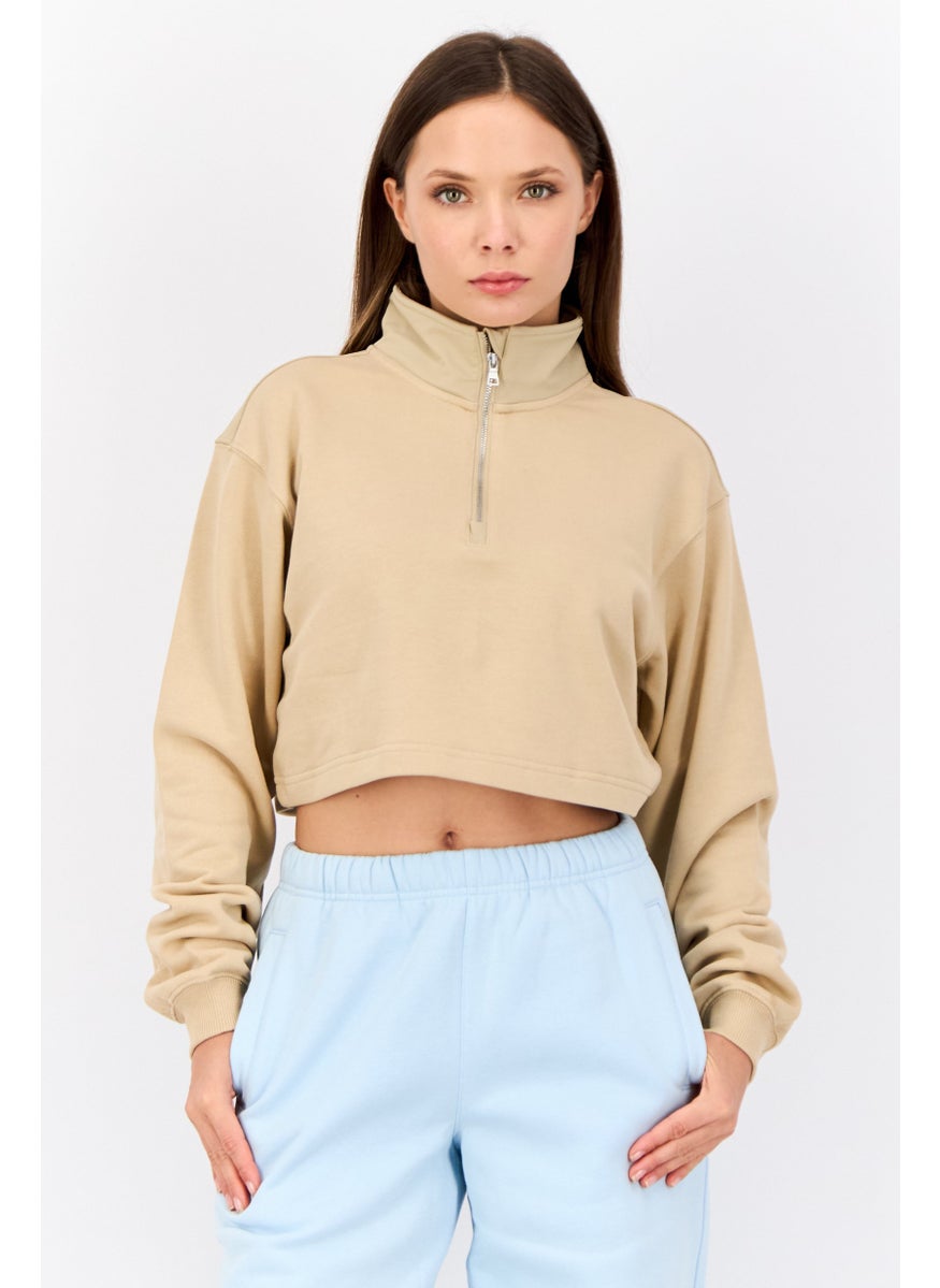 Women High Neck Solid Long Sleeves Cropped Sweatshirts, Tan
