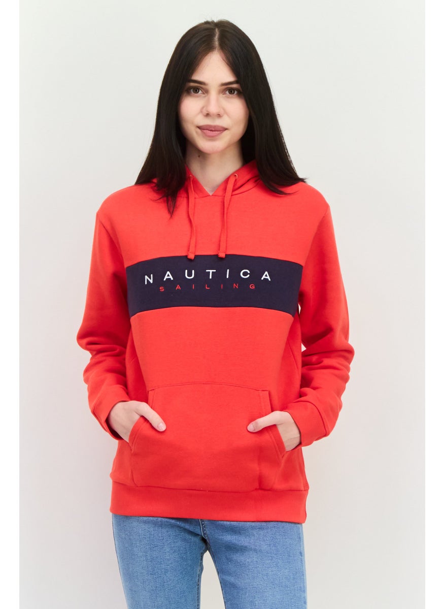 Women Hooded Embroidered Long Sleeves Sweatshirt, True Red