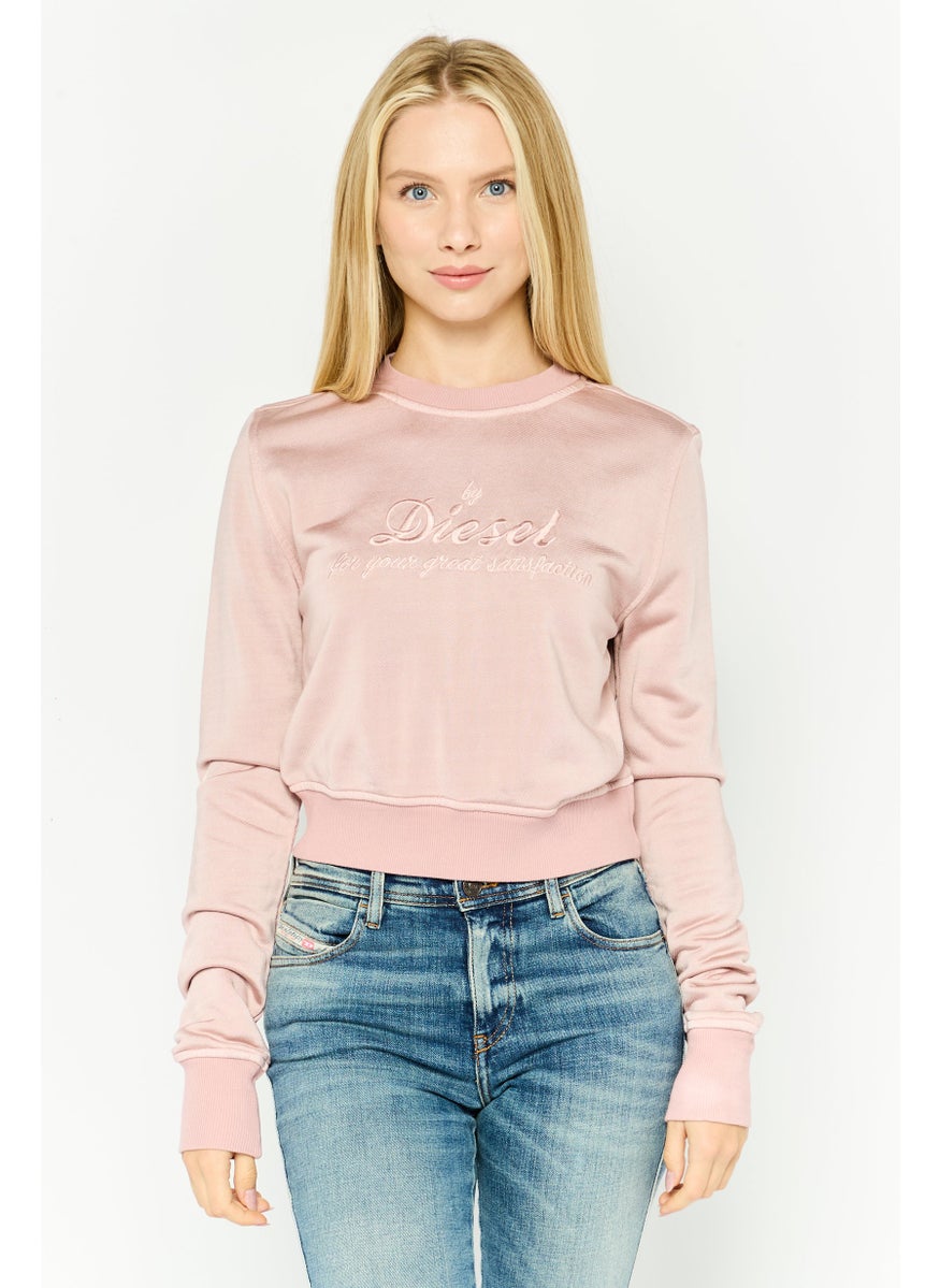 Women Crew Neck Long Sleeves Embroidered Sweatshirt, Pink