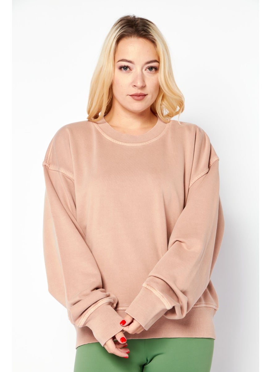 Women Crew Neck Long Sleeve Solid Sweatshirts, Dusty Peach