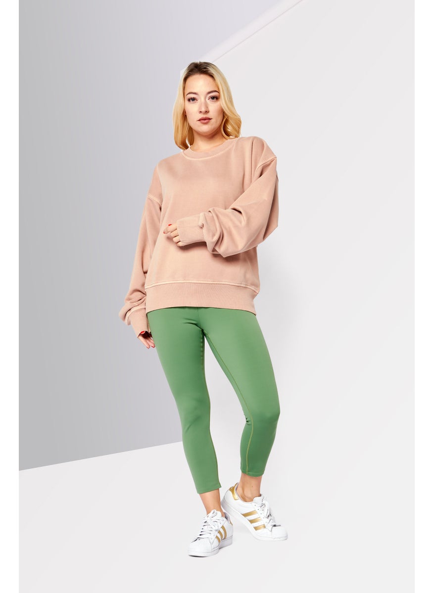 Women Crew Neck Long Sleeve Solid Sweatshirts, Dusty Peach