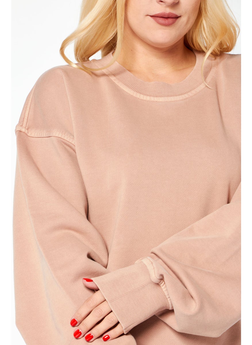 Women Crew Neck Long Sleeve Solid Sweatshirts, Dusty Peach