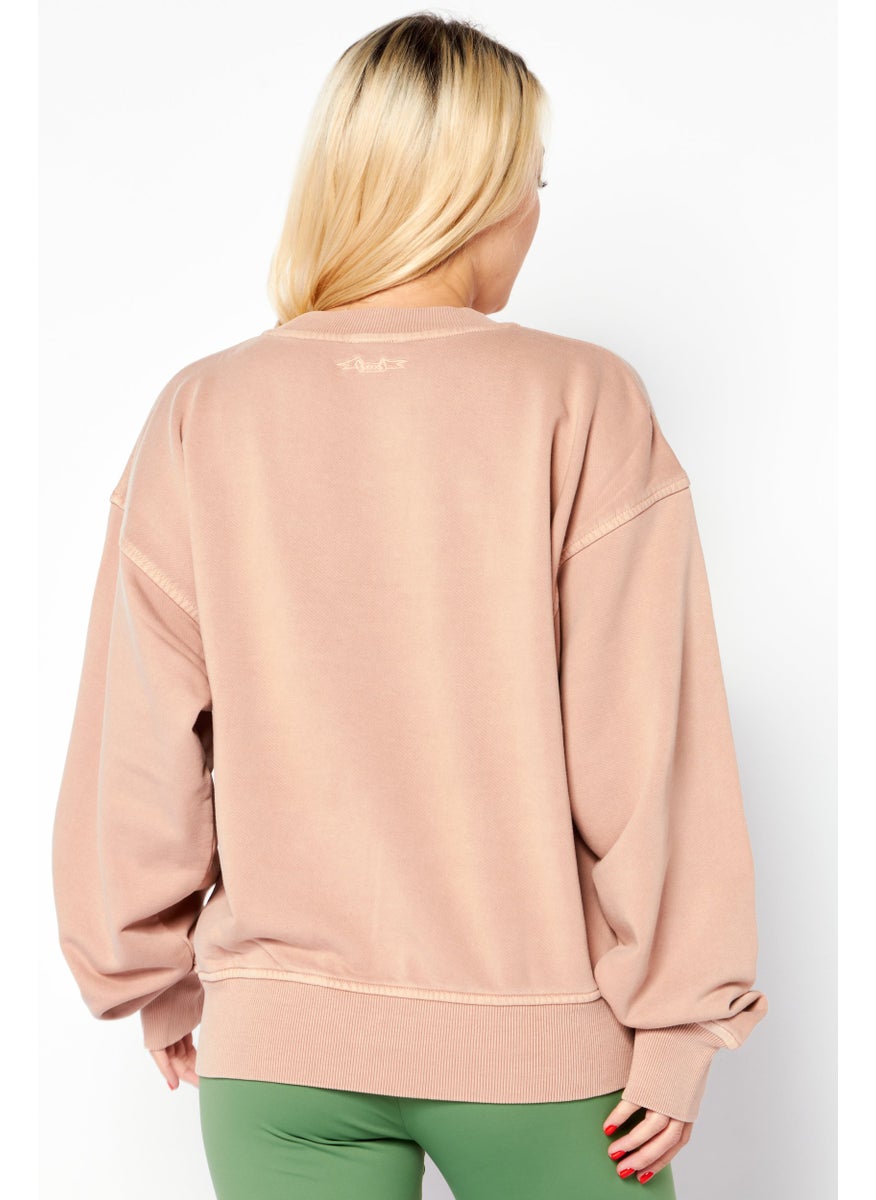 Women Crew Neck Long Sleeve Solid Sweatshirts, Dusty Peach