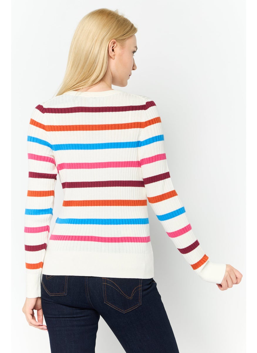 Women Round Neck Stripes Long Sleeves Sweatshirt, Navy Combo