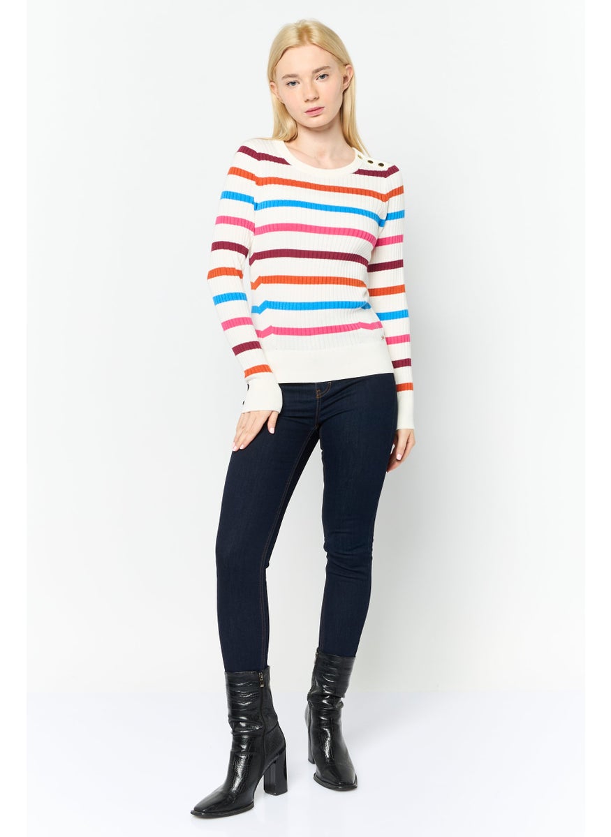 Women Round Neck Stripes Long Sleeves Sweatshirt, Navy Combo