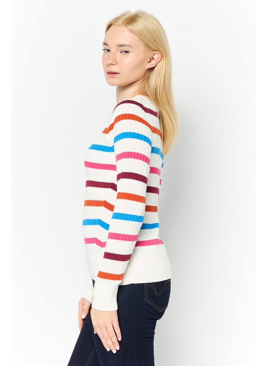 Women Round Neck Stripes Long Sleeves Sweatshirt, Navy Combo
