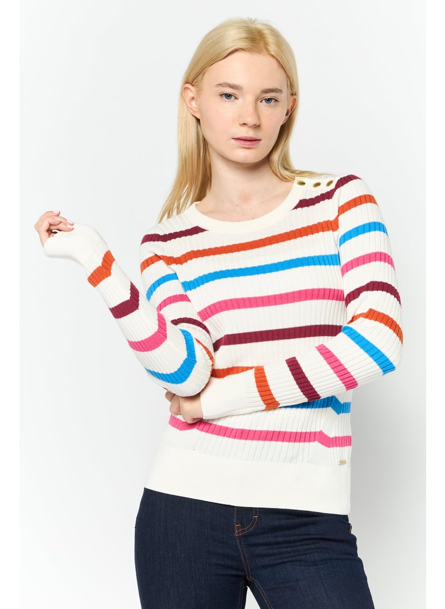 Women Round Neck Stripes Long Sleeves Sweatshirt, Navy Combo