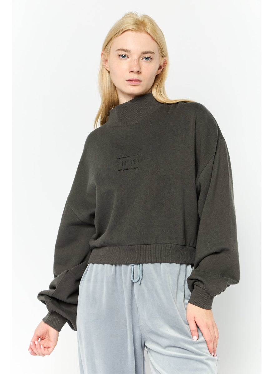Women Crew Neck Textured Sweatshirt, Dark Grey