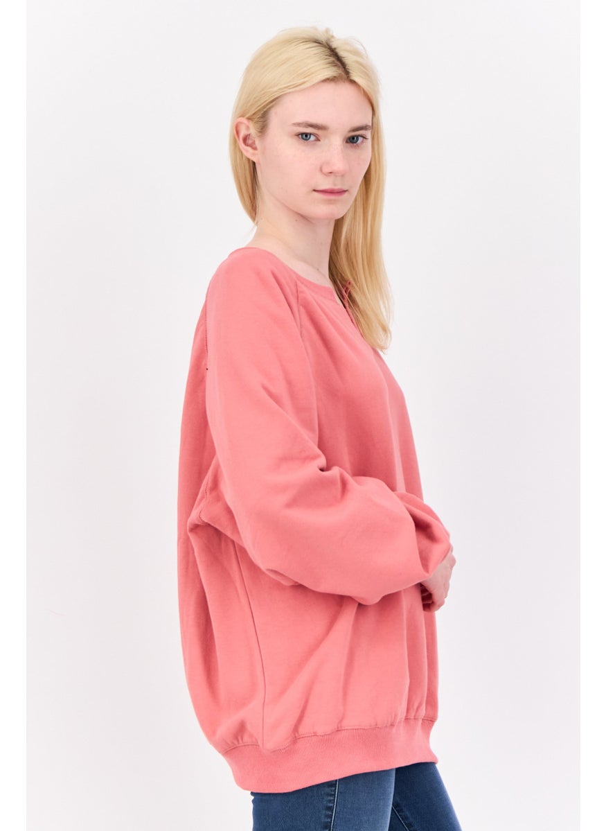 Women Split Neck Long Sleeve Plain Sweatshirts, Coral