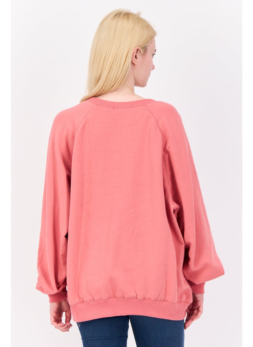 Women Split Neck Long Sleeve Plain Sweatshirts, Coral