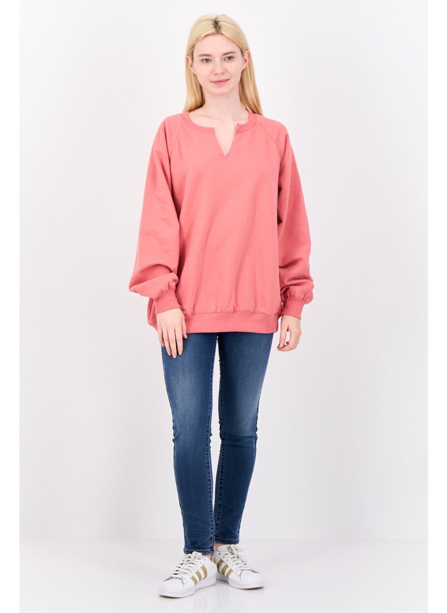 Women Split Neck Long Sleeve Plain Sweatshirts, Coral