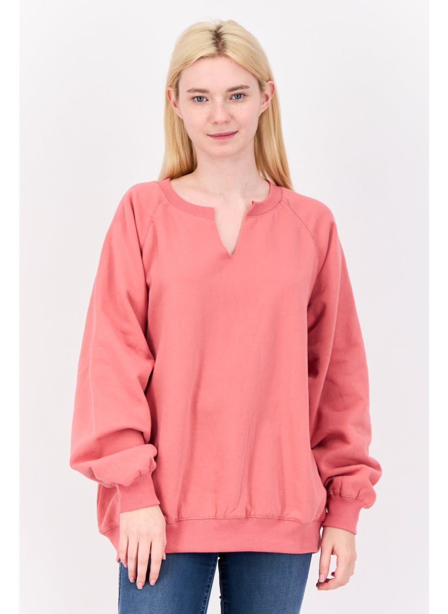Women Split Neck Long Sleeve Plain Sweatshirts, Coral