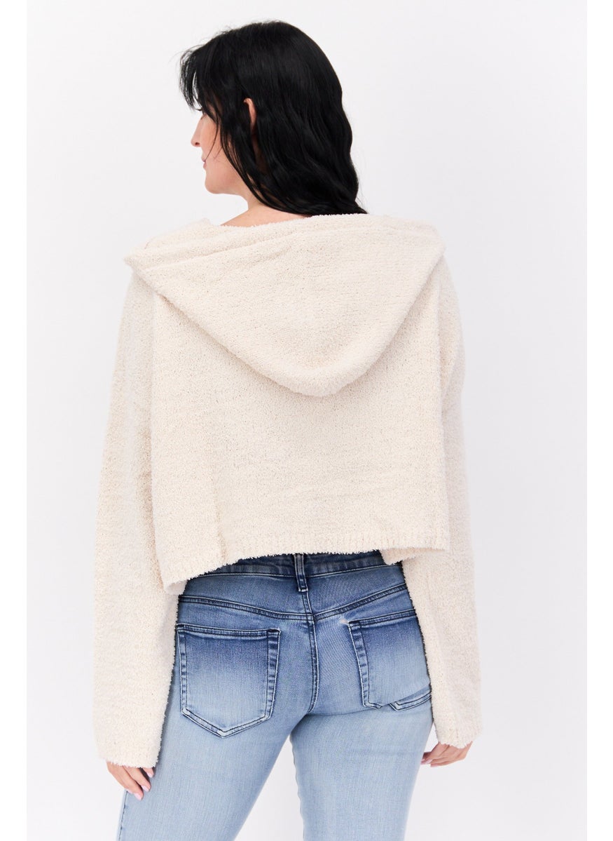 Women Hooded Long Sleeves Sweater, Beige