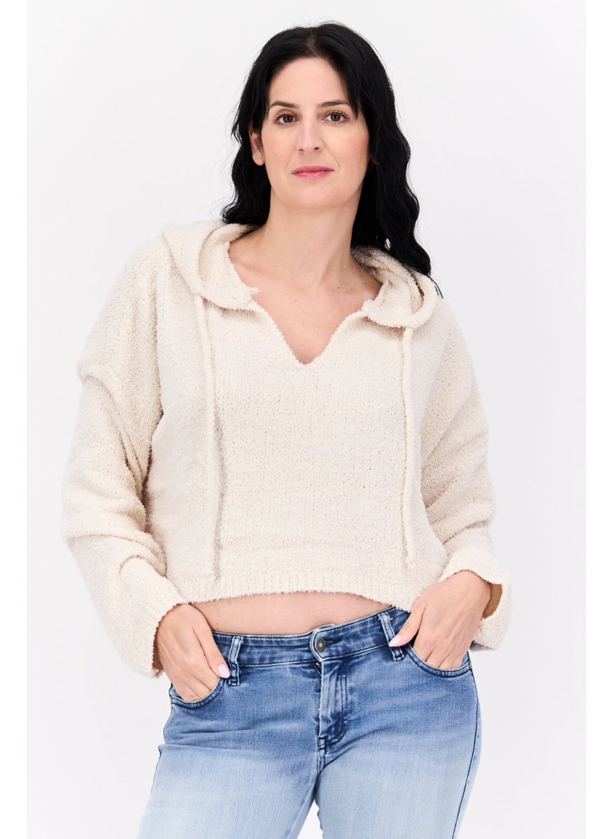 Women Hooded Long Sleeves Sweater, Beige