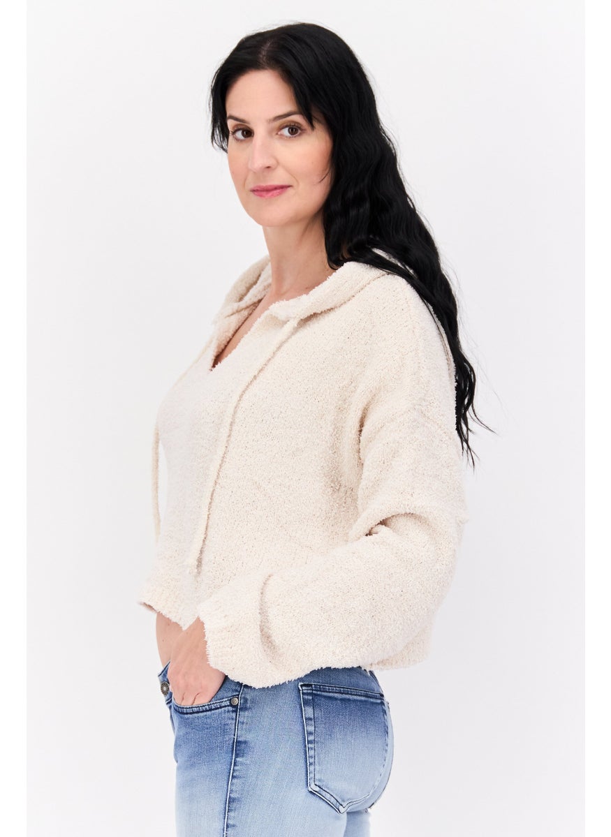 Women Hooded Long Sleeves Sweater, Beige