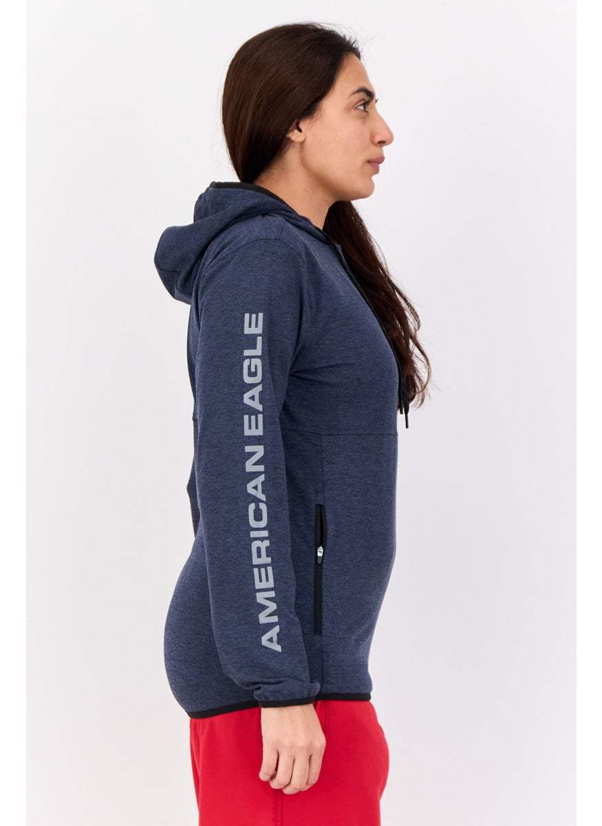 Women Heather Long Sleeves Hooded Sweatshirts, Dark Navy