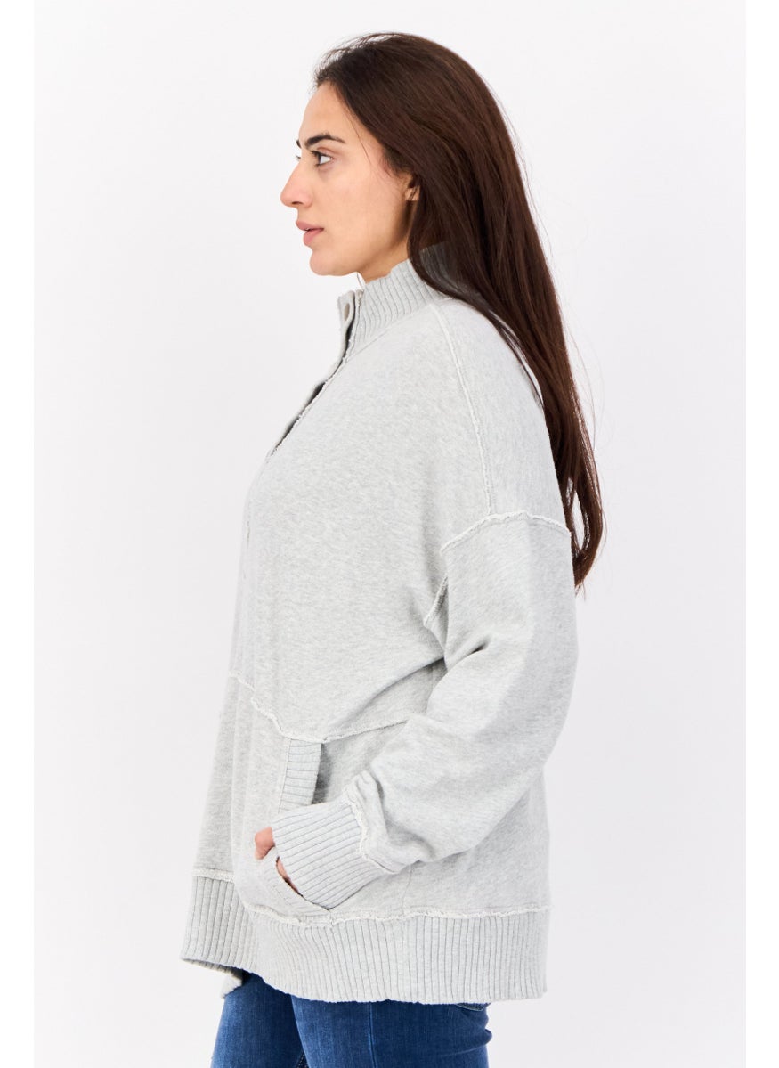 Women Mock Neck Long Sleeves Heather Sweatshirt, Grey