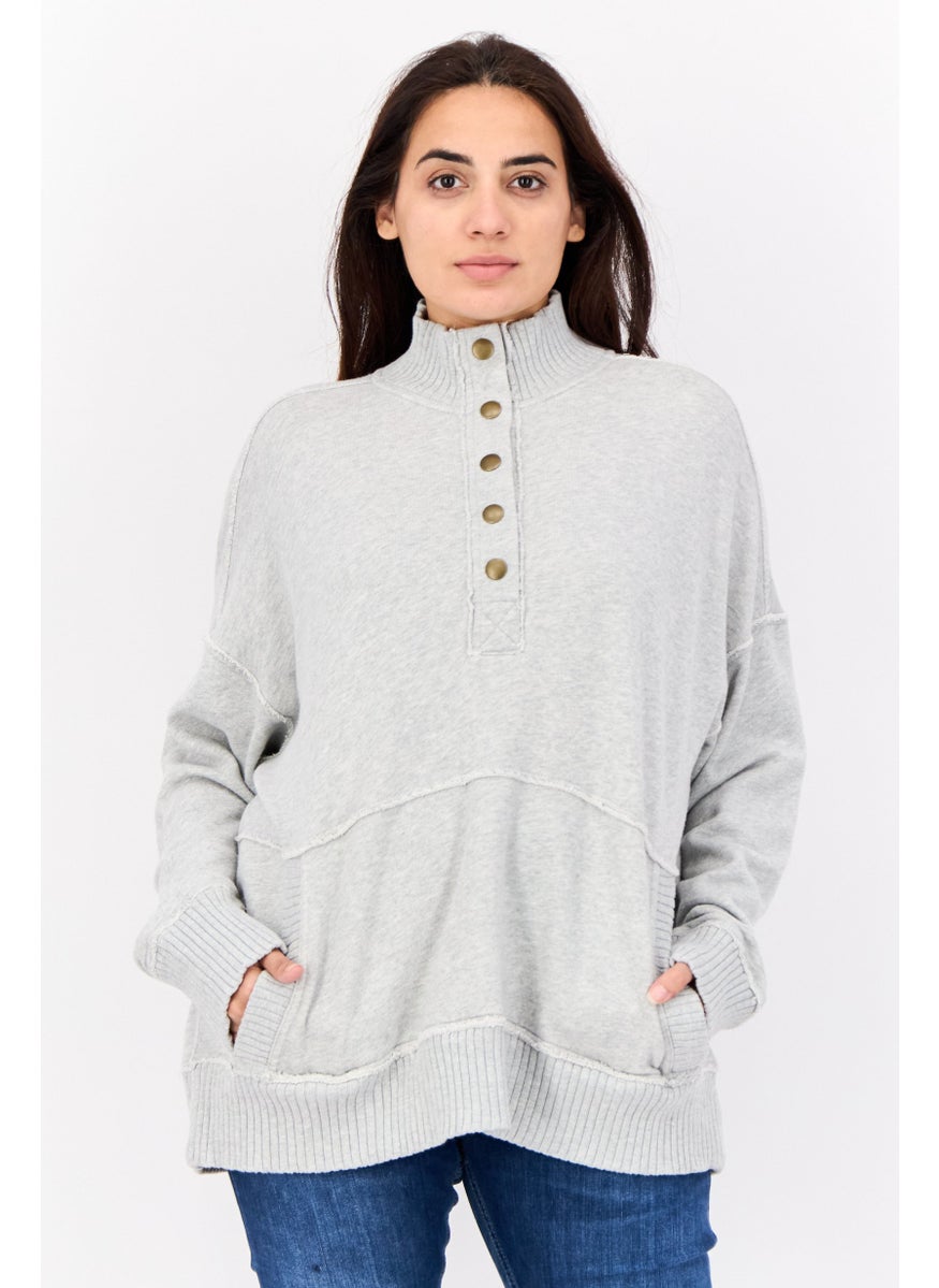 Women Mock Neck Long Sleeves Heather Sweatshirt, Grey
