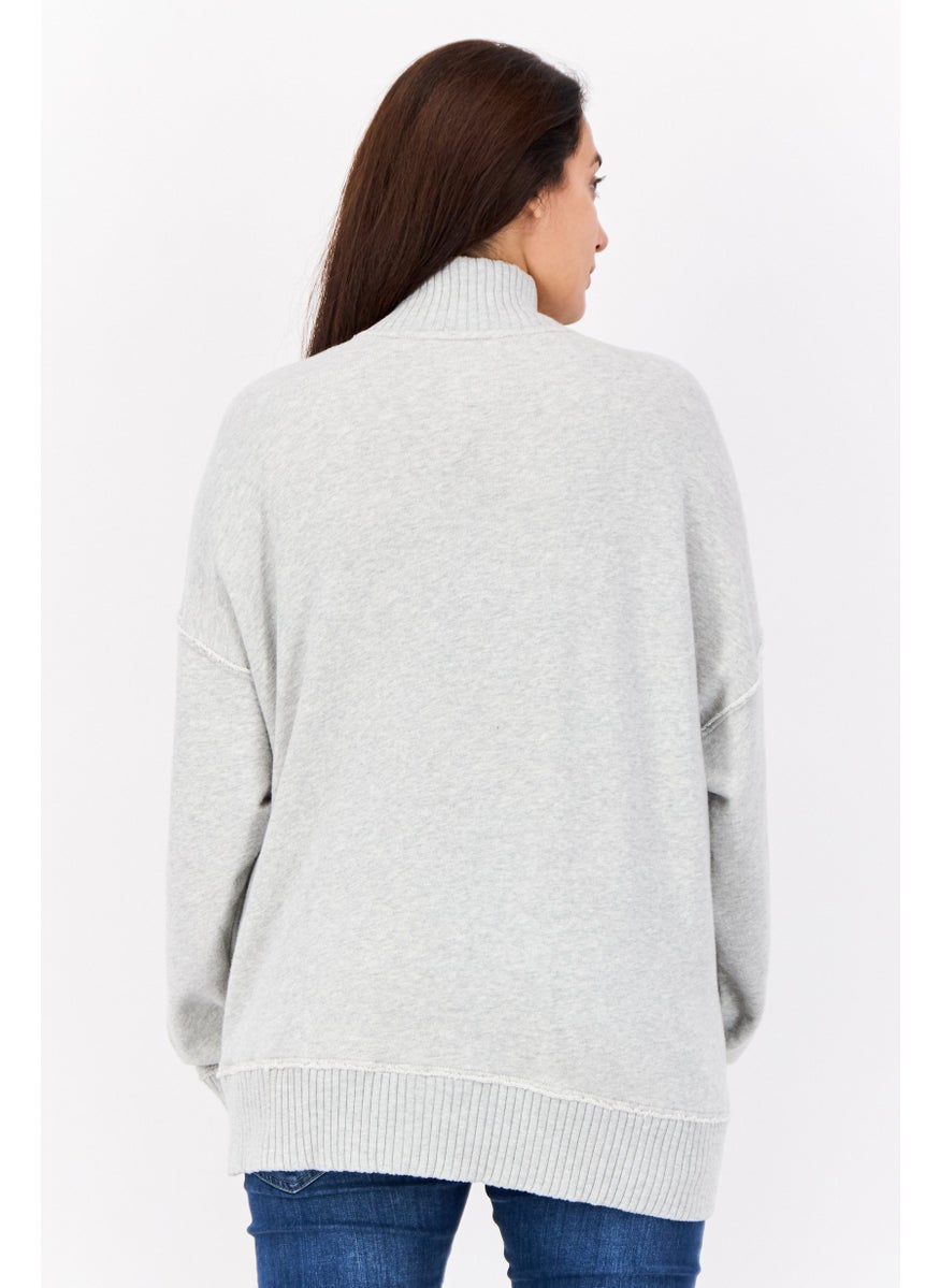 Women Mock Neck Long Sleeves Heather Sweatshirt, Grey