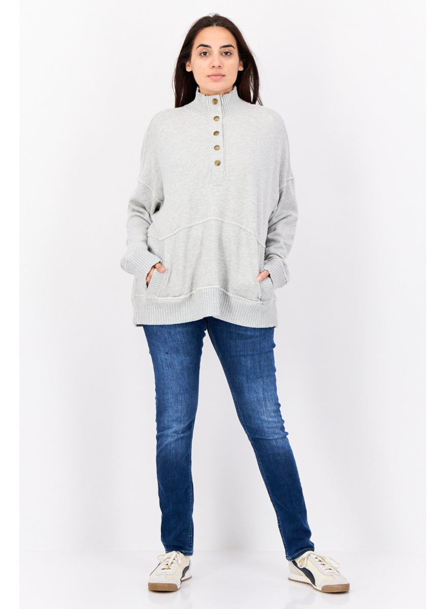 Women Mock Neck Long Sleeves Heather Sweatshirt, Grey