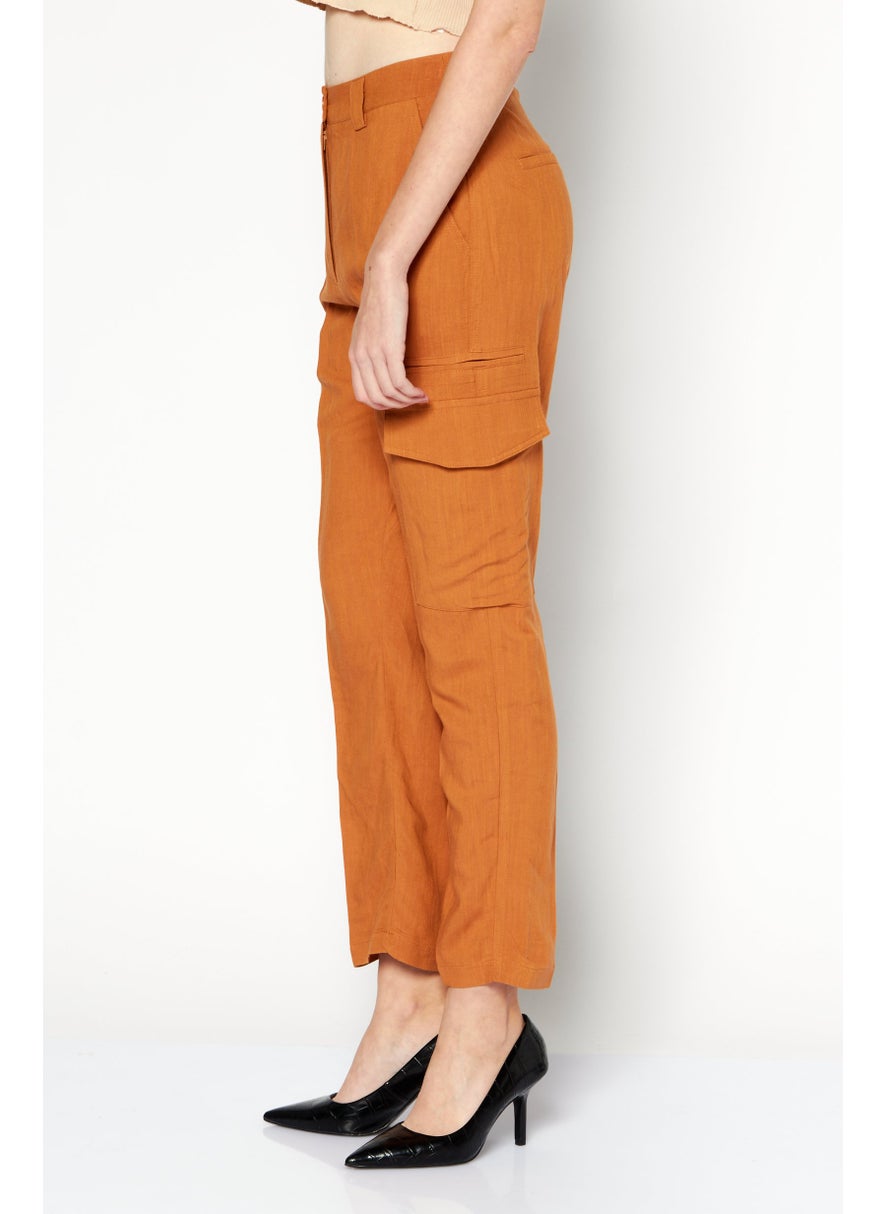 Women Regular Fit Plain Cargo Pant, Brown