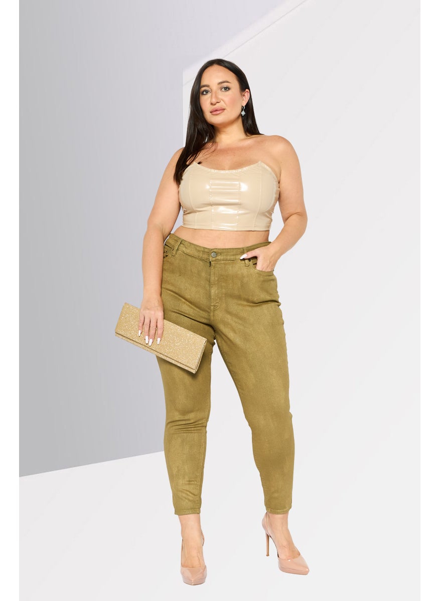 Women Plus Size Metallic Straight Leg Pant, Olive