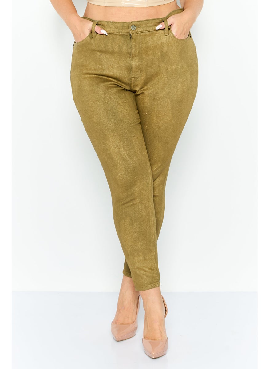 Women Plus Size Metallic Straight Leg Pant, Olive