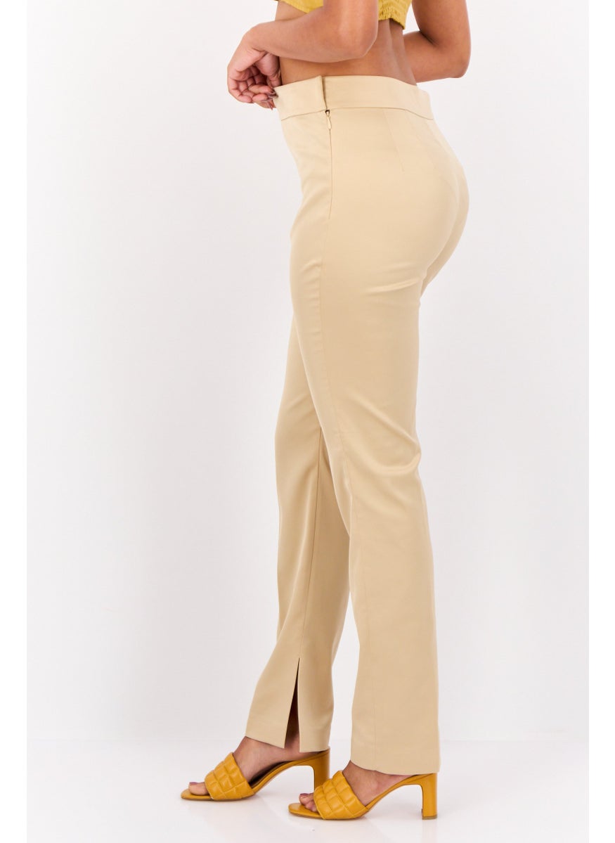 Women Regular Fit Solid Straight Leg Pants, Beige
