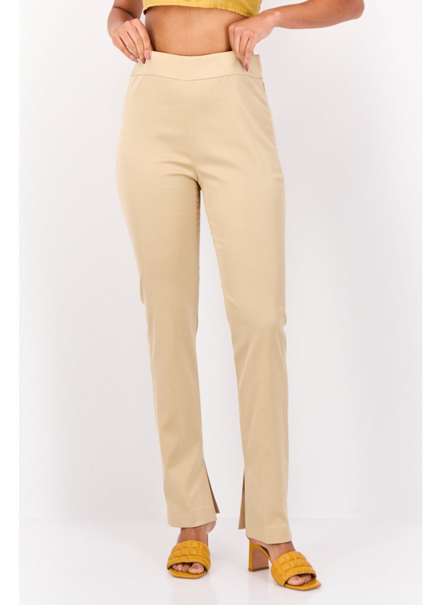 Women Regular Fit Solid Straight Leg Pants, Beige