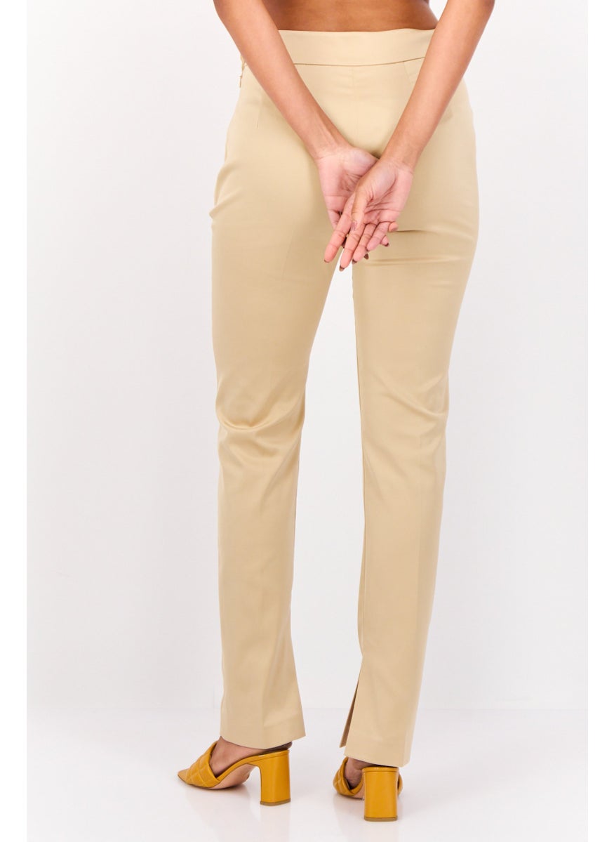 Women Regular Fit Solid Straight Leg Pants, Beige