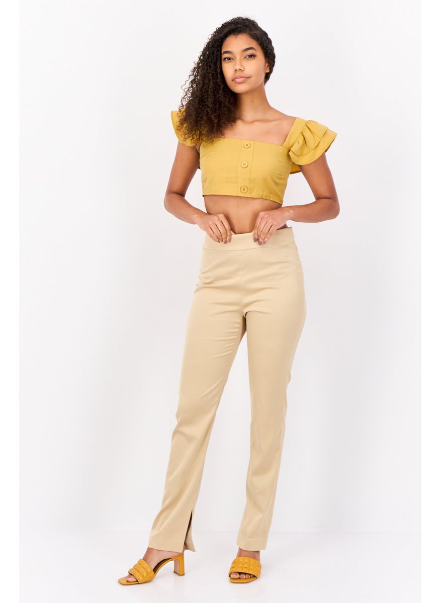 Women Regular Fit Solid Straight Leg Pants, Beige