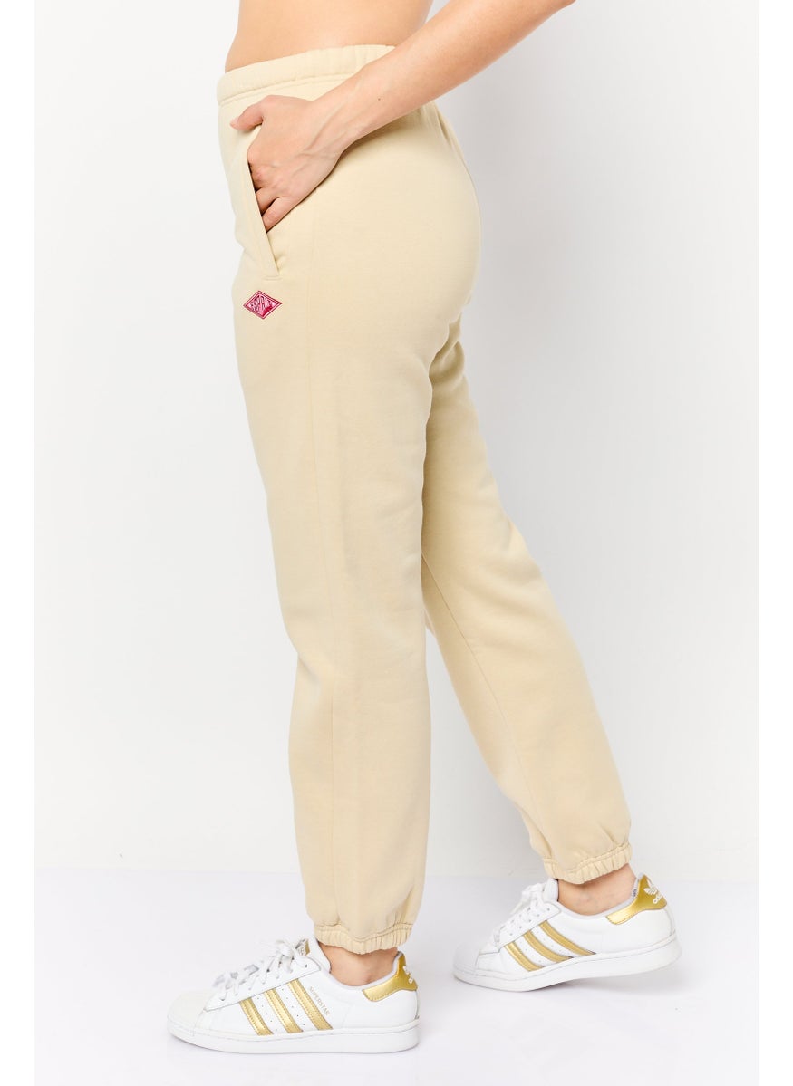 Women Regular Fit Brand Logo Jogger Pants, Beige