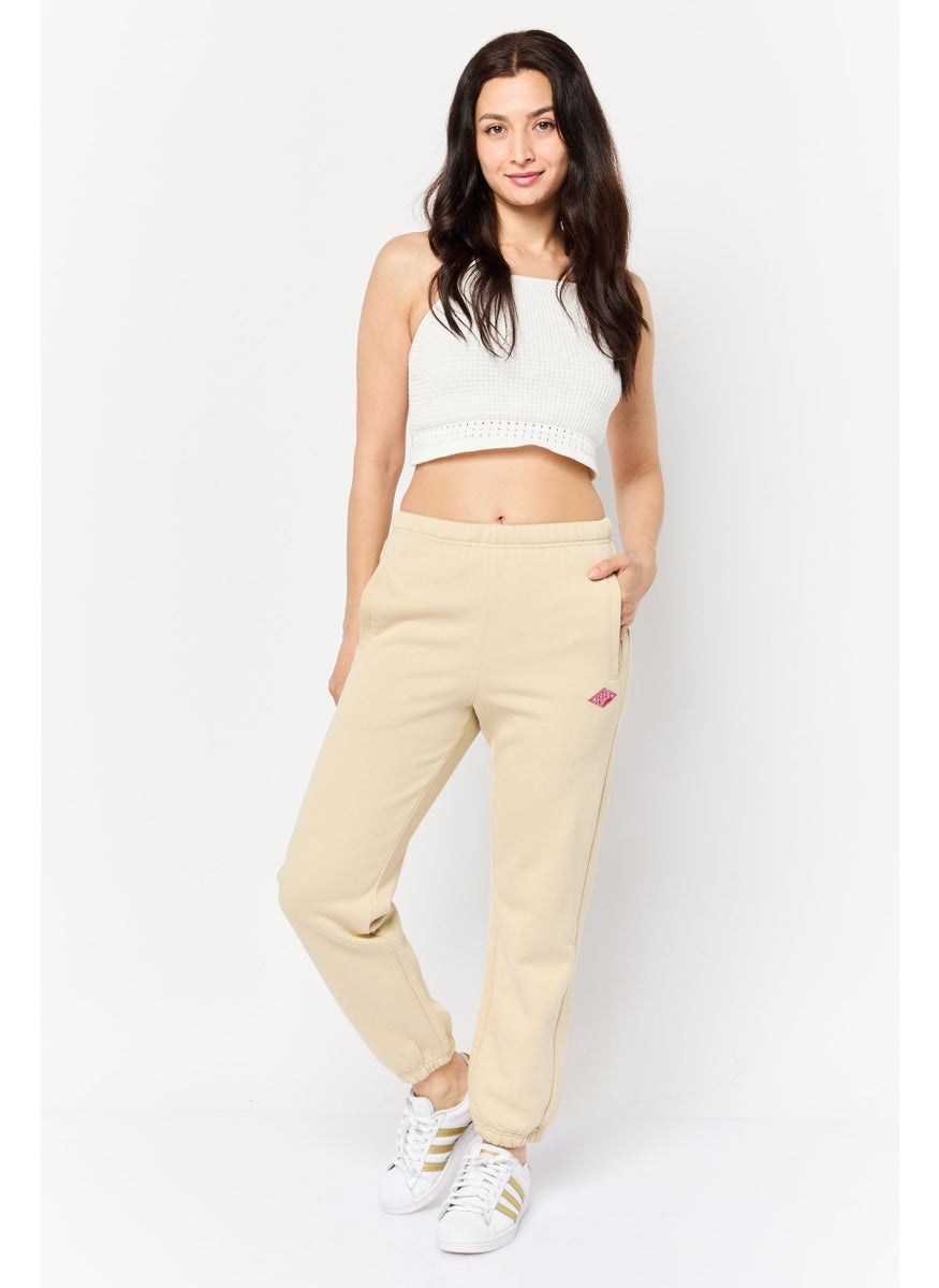 Women Regular Fit Brand Logo Jogger Pants, Beige