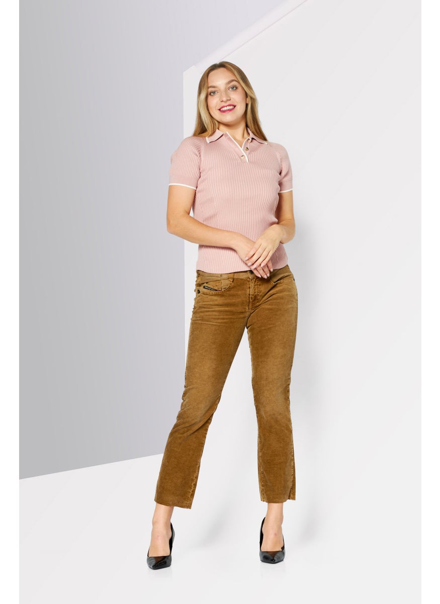 Women Bootcut Flare Fit Printed Corduroy Pants, Tan