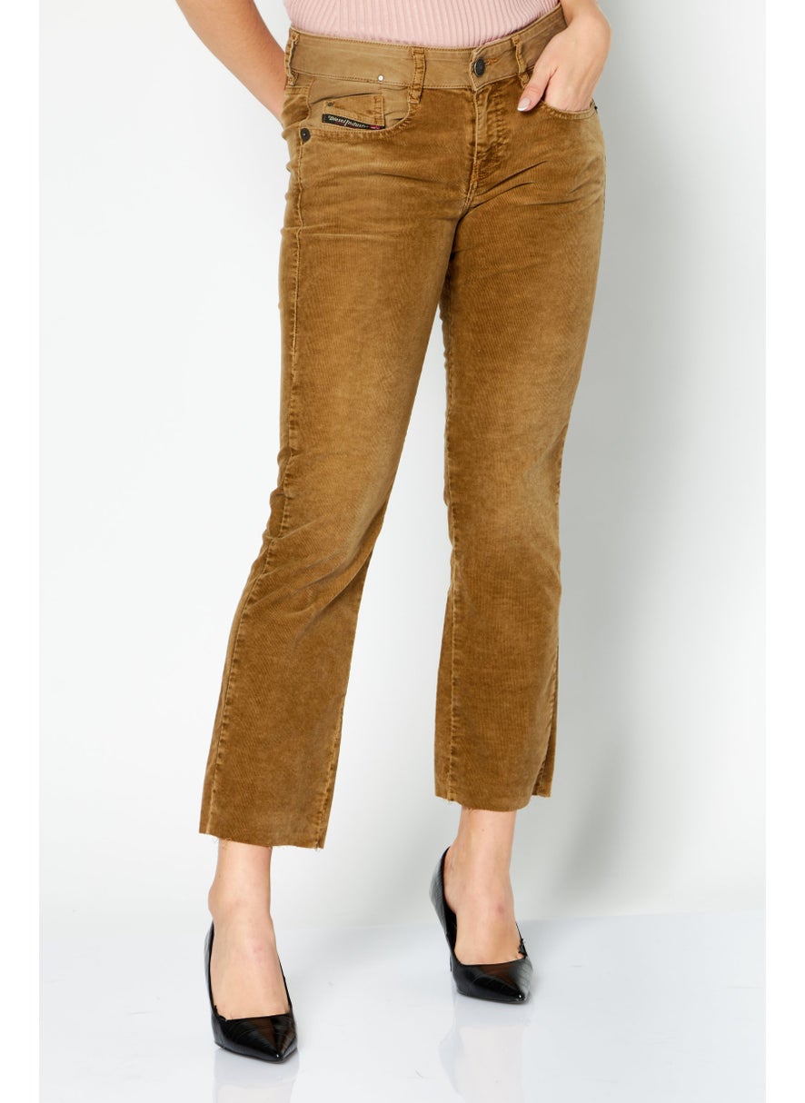 Women Bootcut Flare Fit Printed Corduroy Pants, Tan