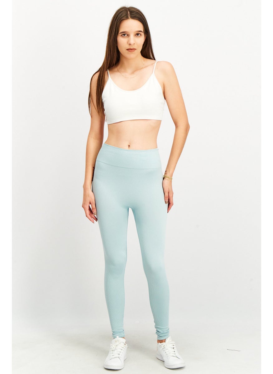 Women High Waist Ribbed Tights, Sage Blue