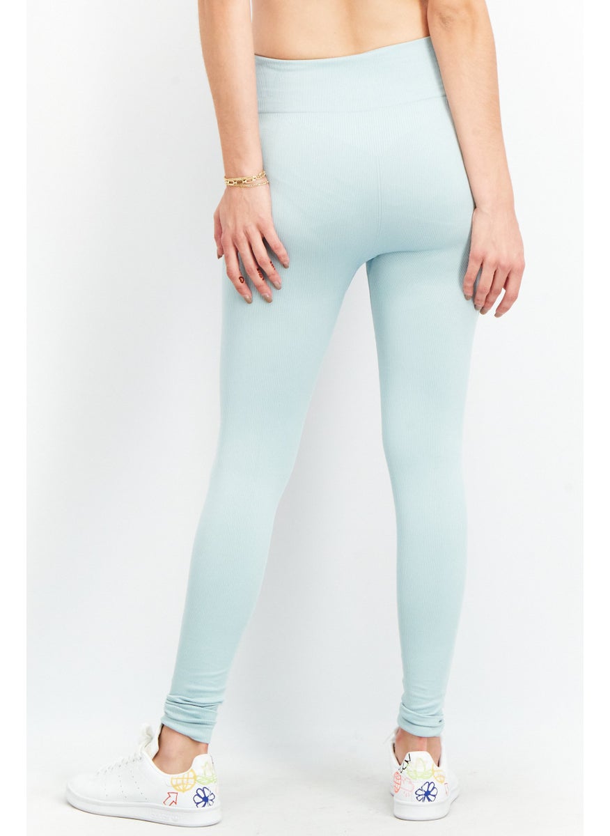 Women High Waist Ribbed Tights, Sage Blue