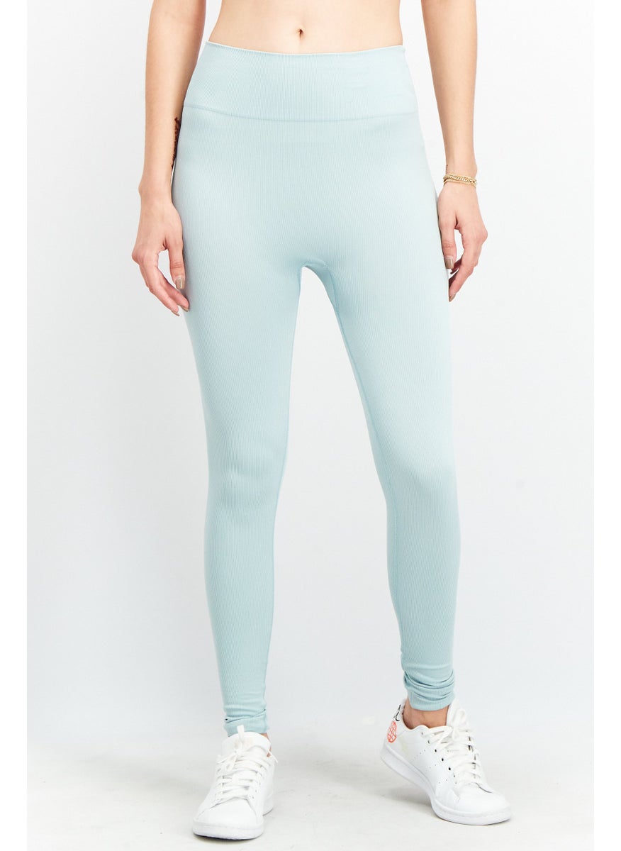 Women High Waist Ribbed Tights, Sage Blue