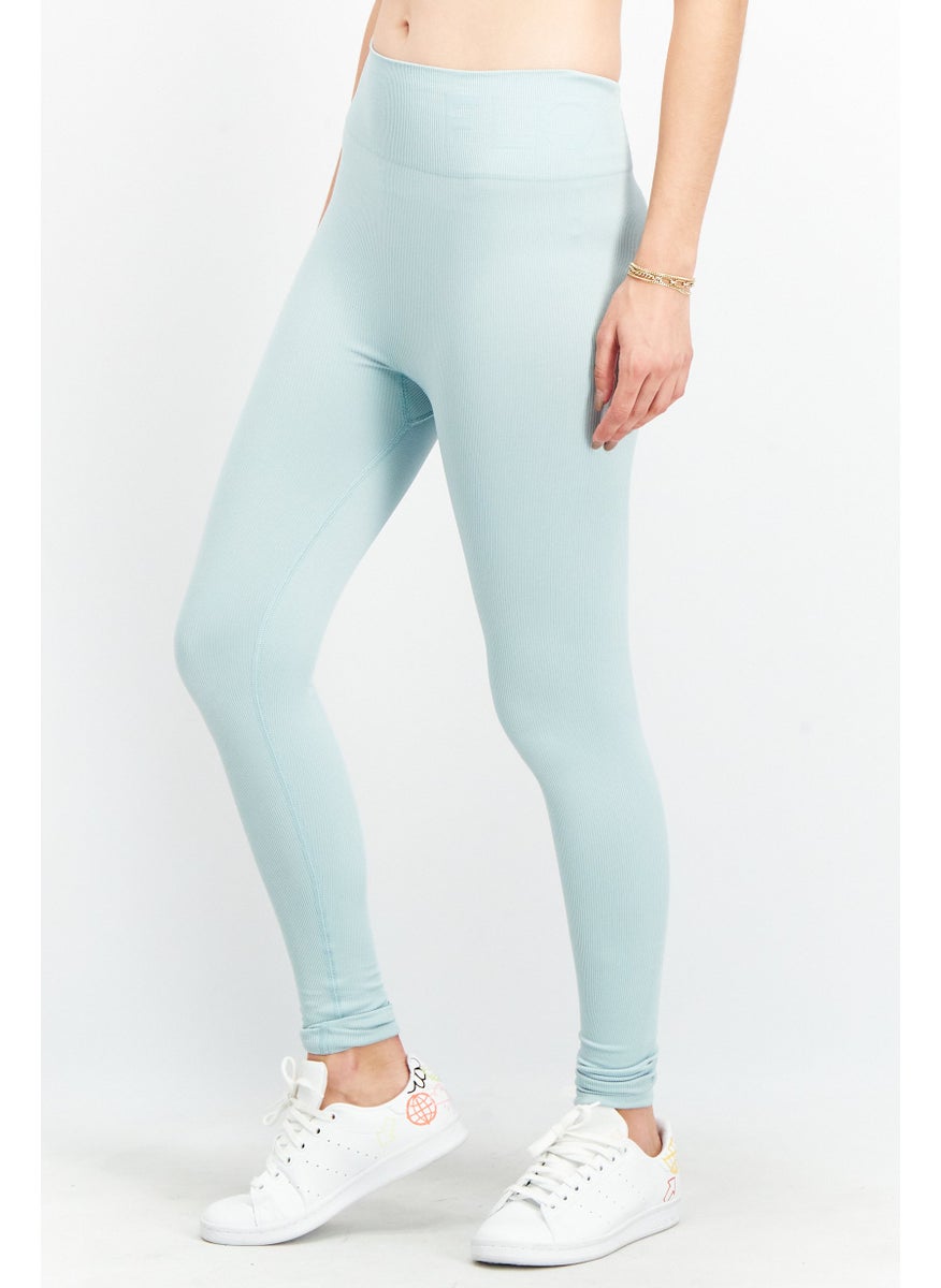 Women High Waist Ribbed Tights, Sage Blue