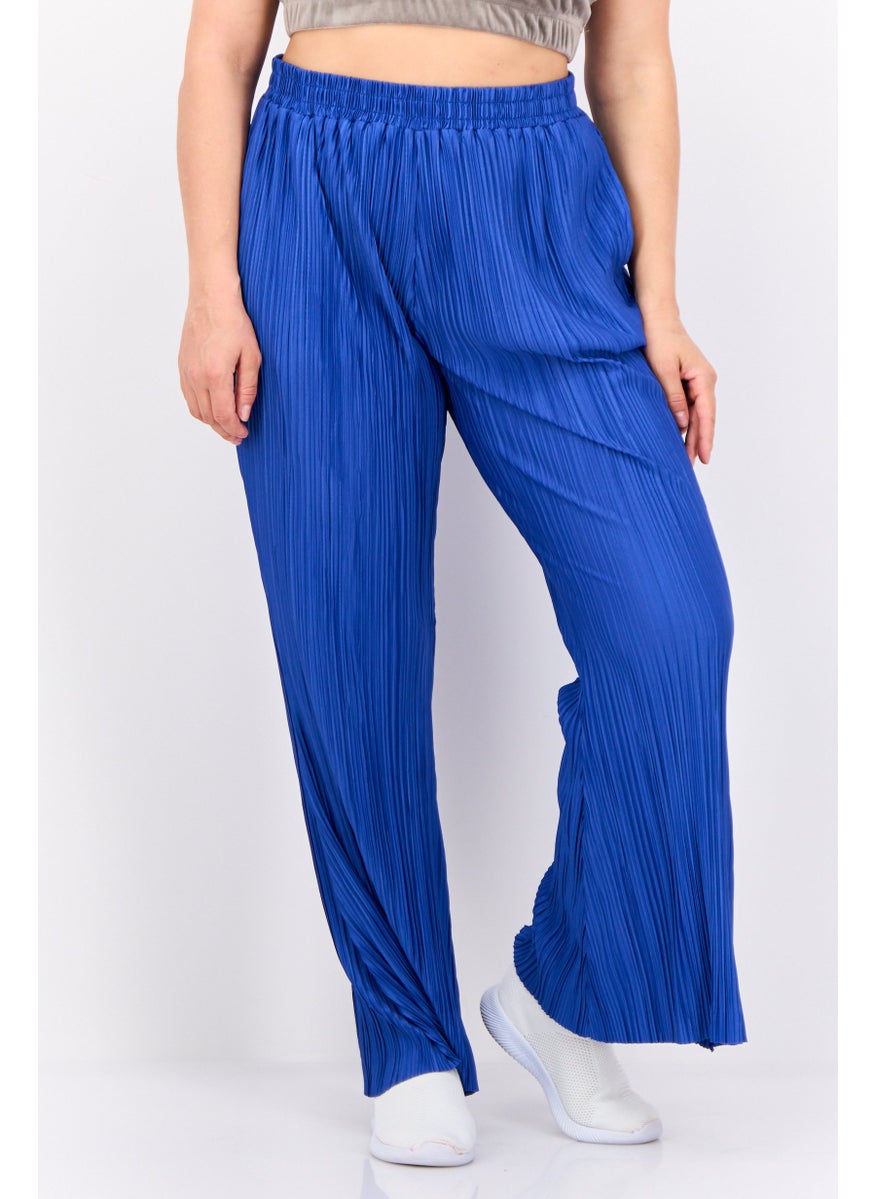 Women Regular Fit Textured Wide Leg Pants, Blue
